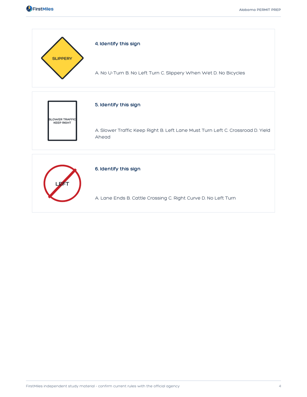 Example page from the FirstMiles Alabama road sign practice tests