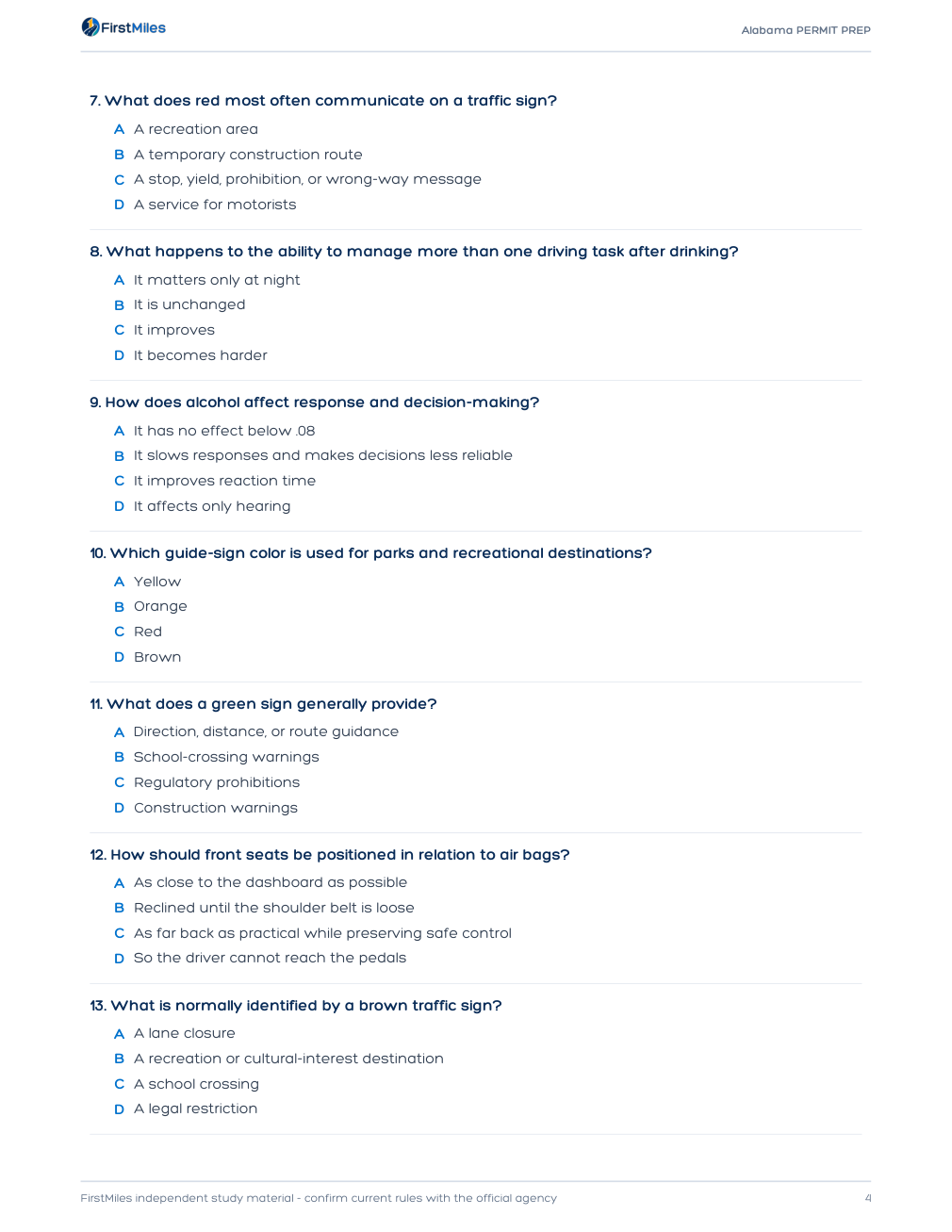 Example page from the FirstMiles Alabama written practice tests