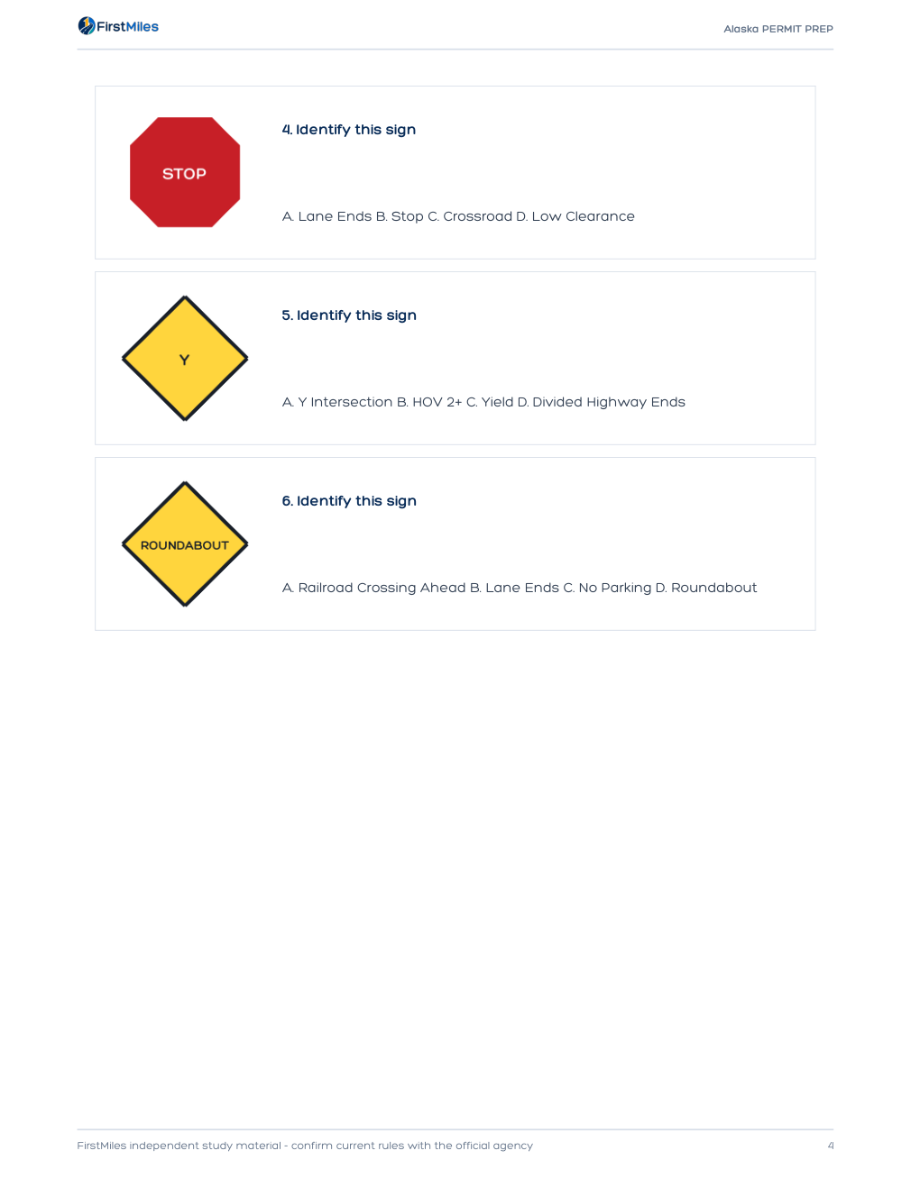 Example page from the FirstMiles Alaska road sign practice tests