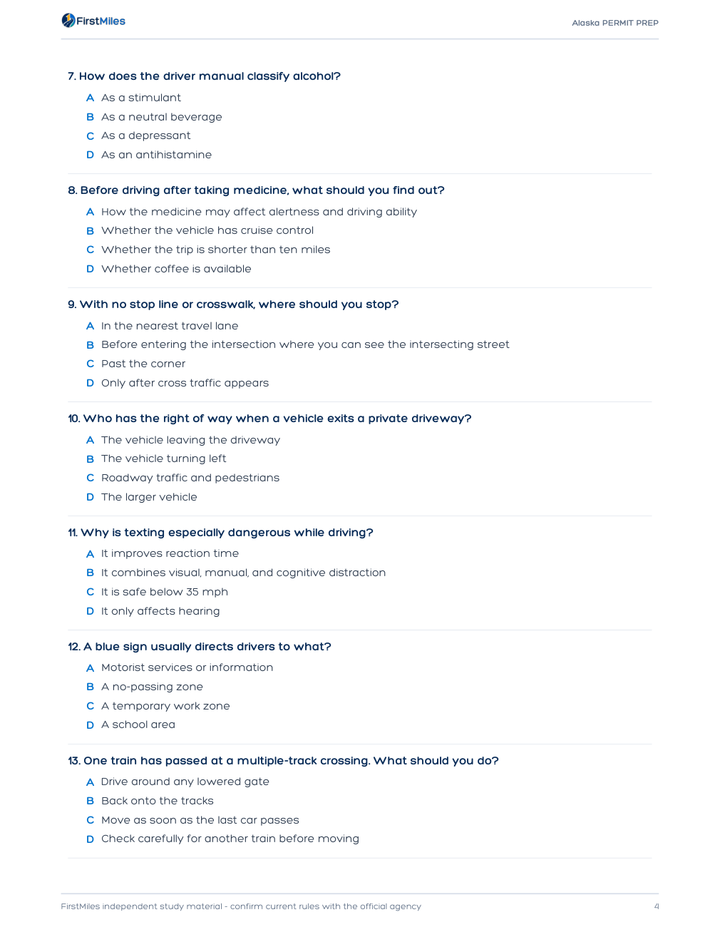 Example page from the FirstMiles Alaska written practice tests