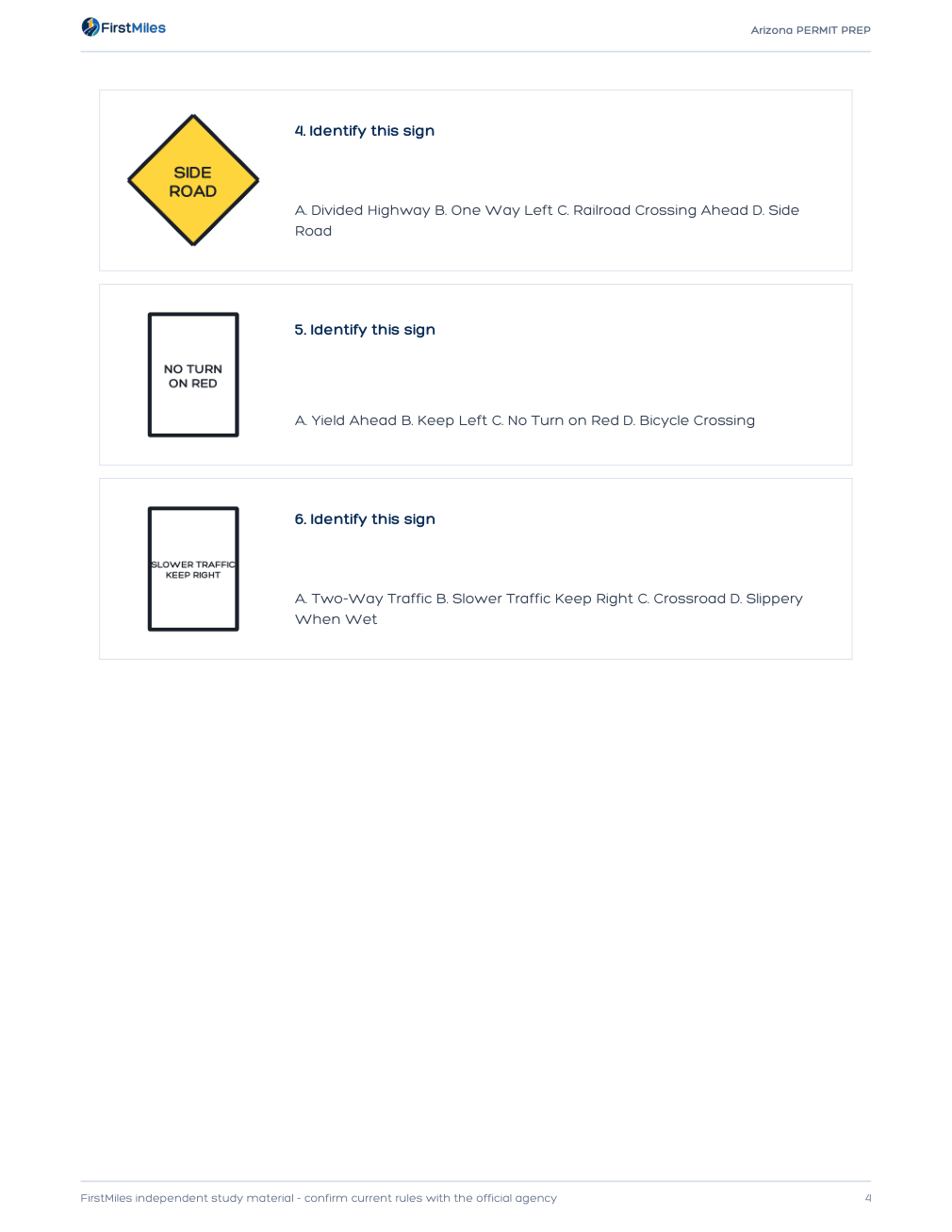 Example page from the FirstMiles Arizona road sign practice tests