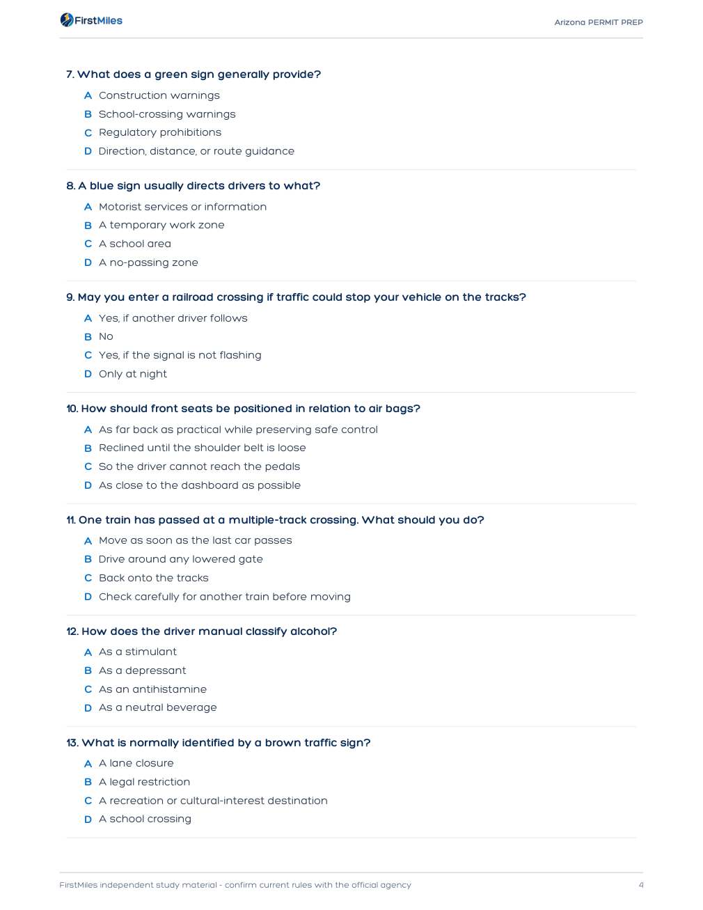 Example page from the FirstMiles Arizona written practice tests