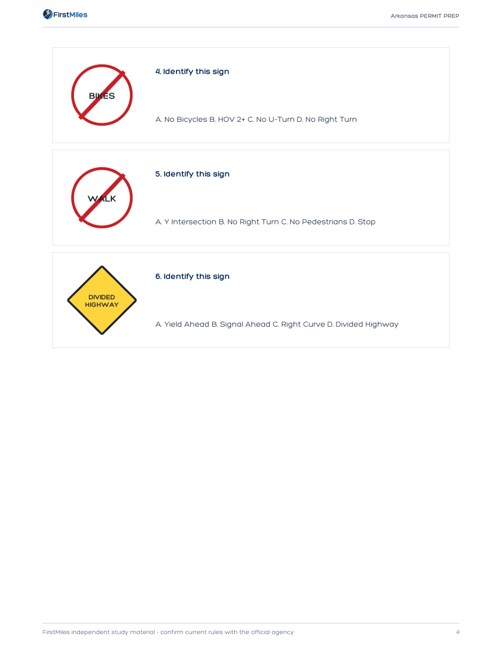 Example page from the FirstMiles Arkansas road sign practice tests