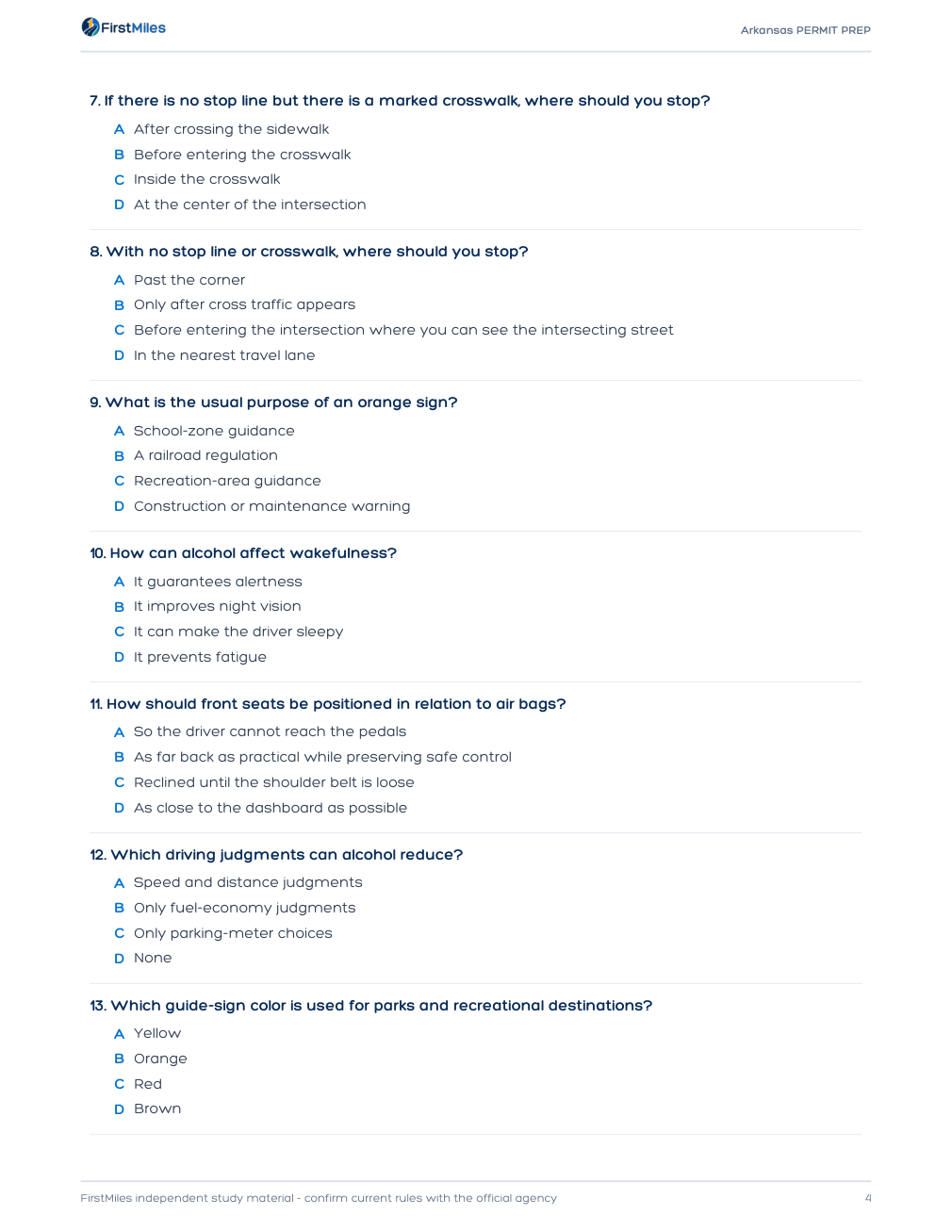 Example page from the FirstMiles Arkansas written practice tests