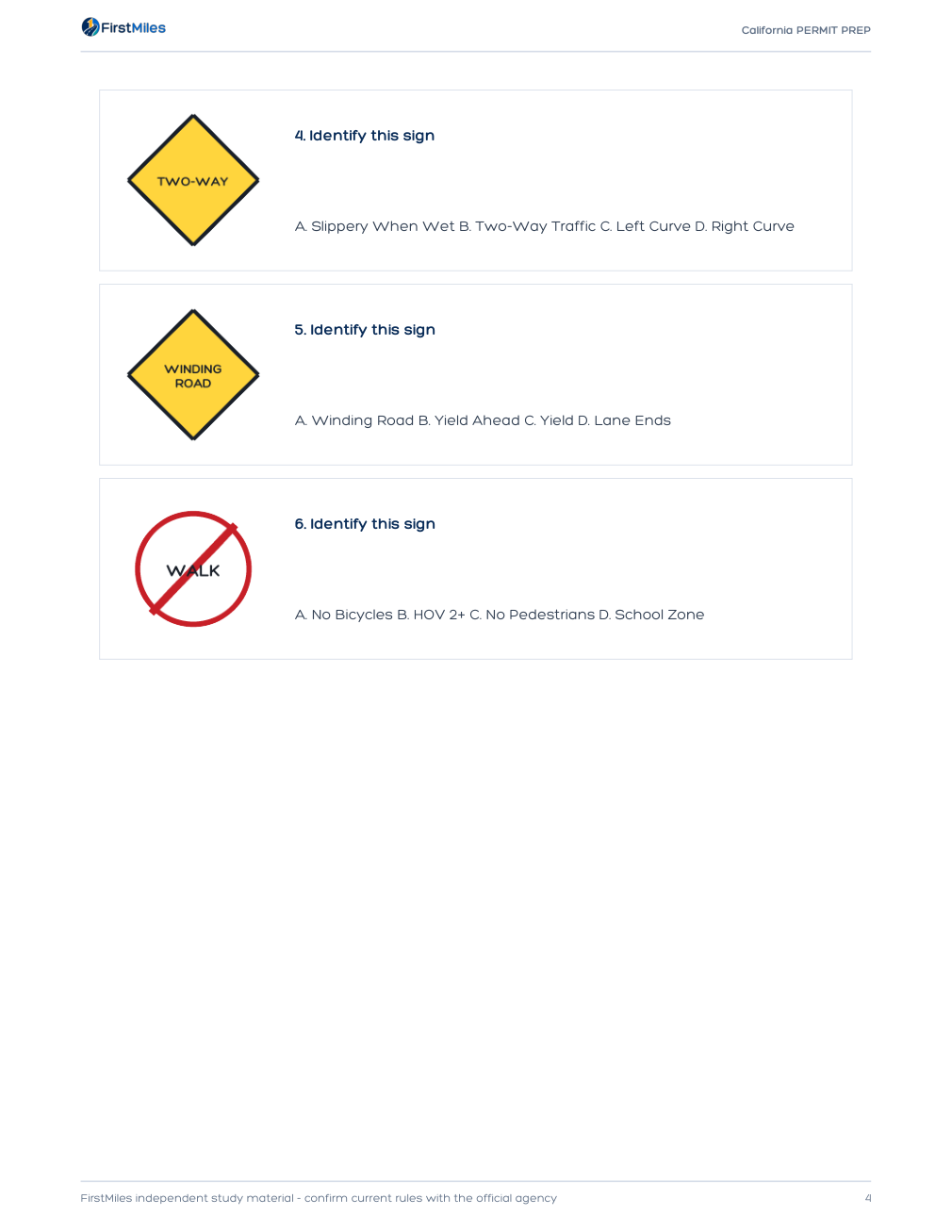 Example page from the FirstMiles California road sign practice tests