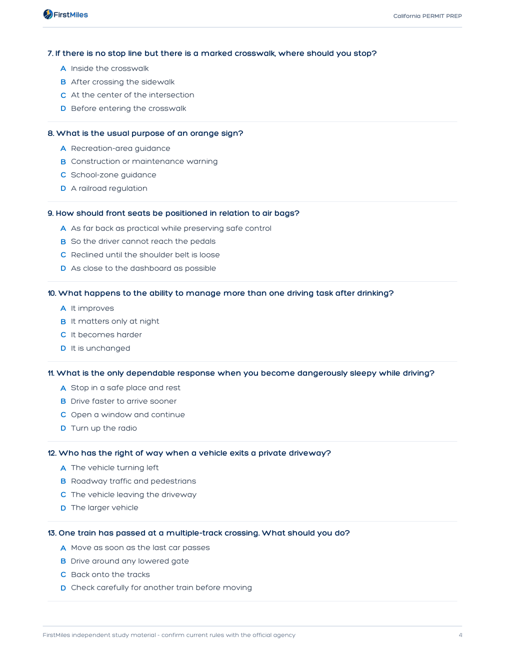Example page from the FirstMiles California written practice tests