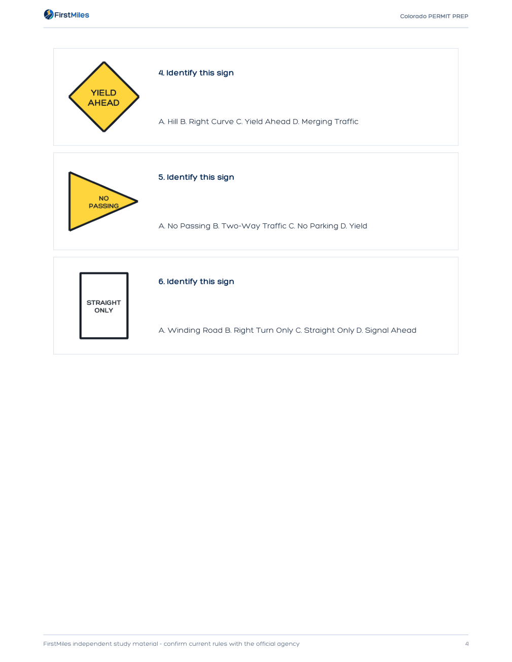 Example page from the FirstMiles Colorado road sign practice tests