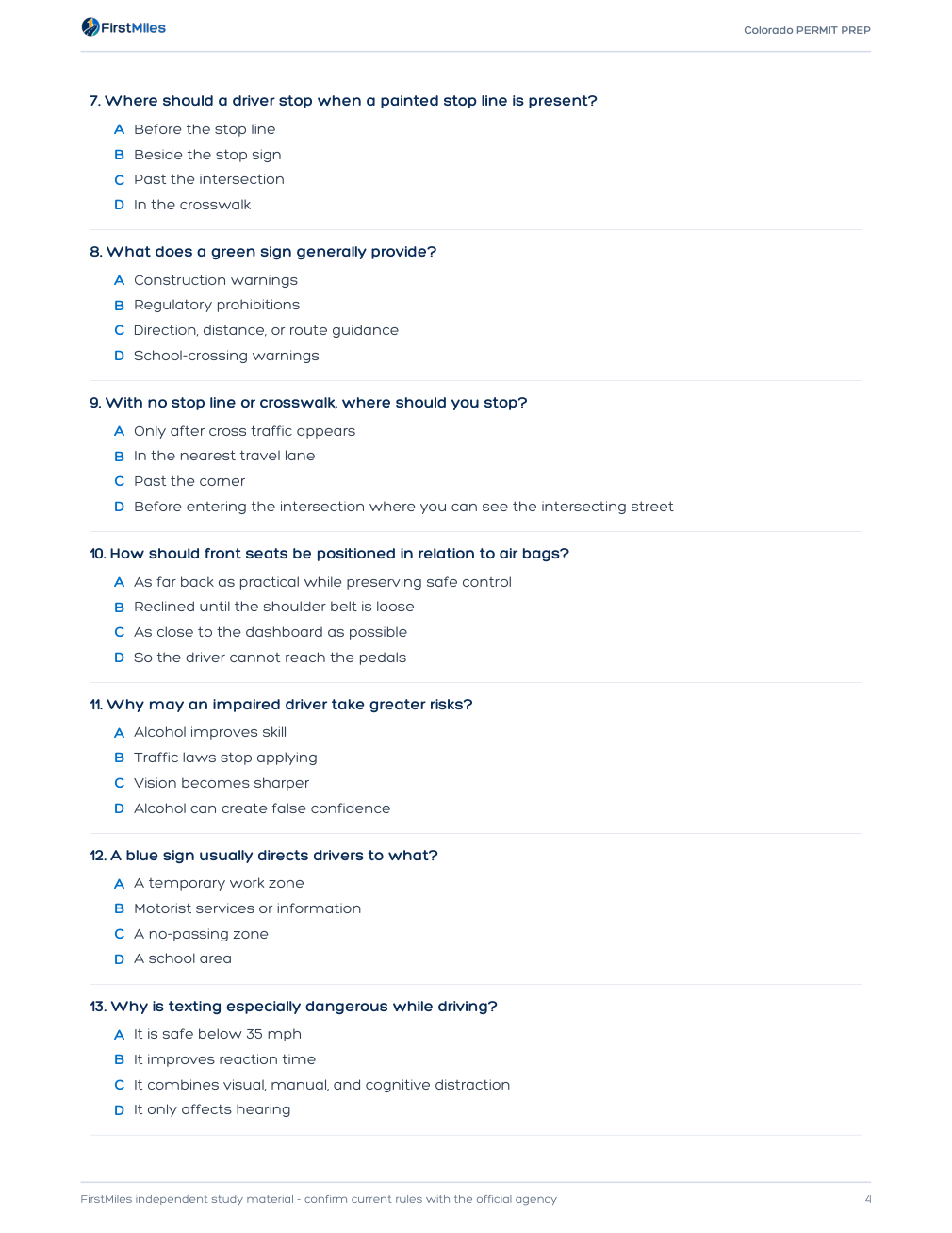Example page from the FirstMiles Colorado written practice tests