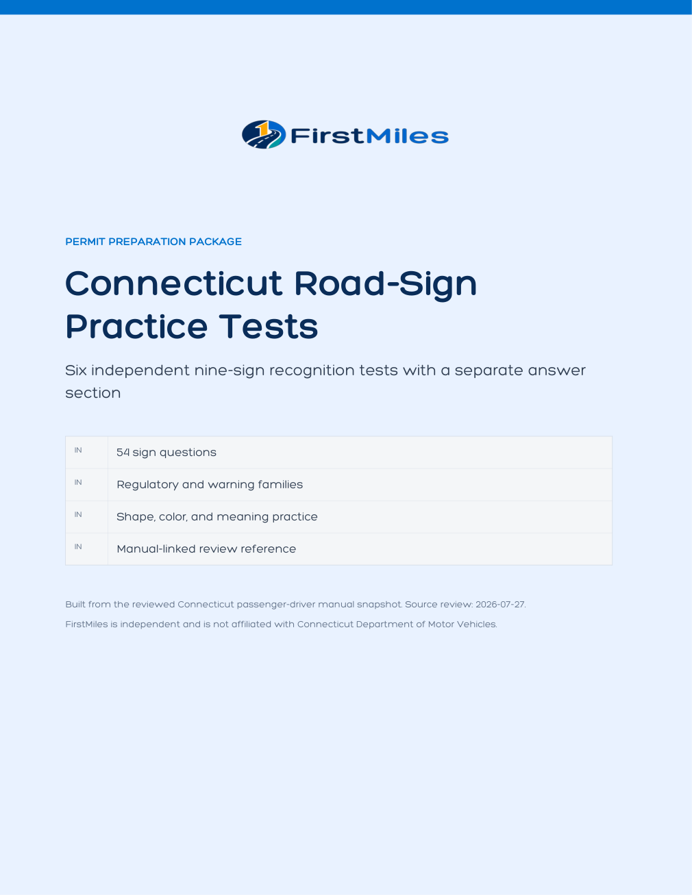 FirstMiles Connecticut road sign practice tests cover