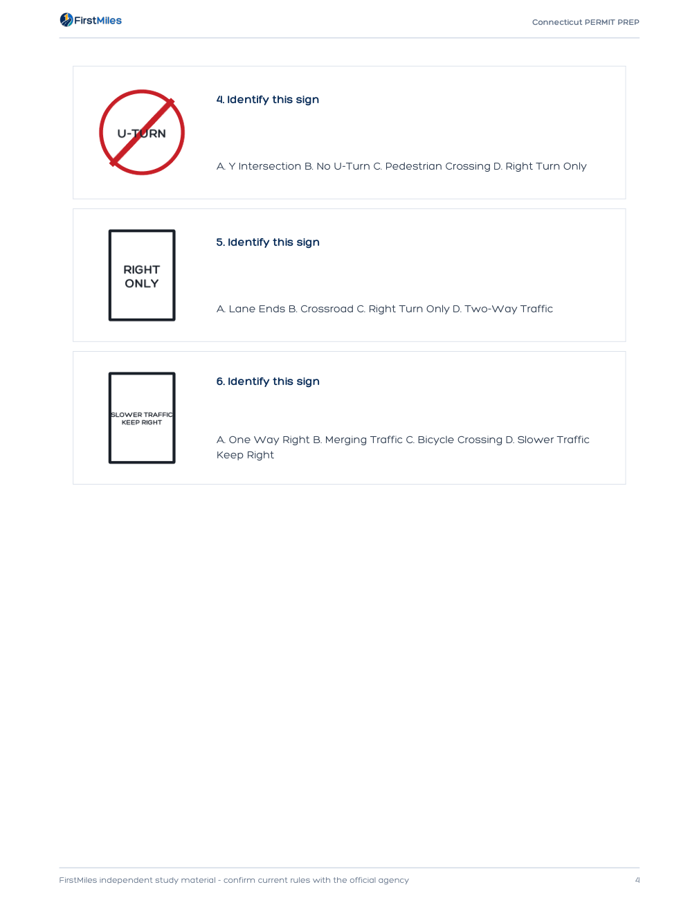 Example page from the FirstMiles Connecticut road sign practice tests