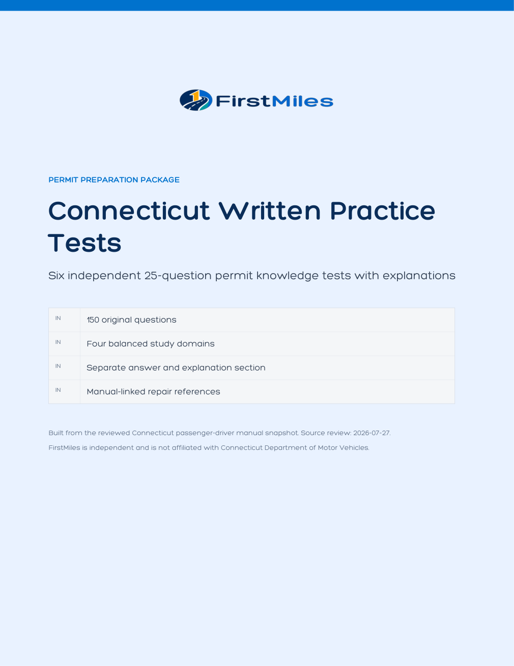FirstMiles Connecticut written practice tests cover