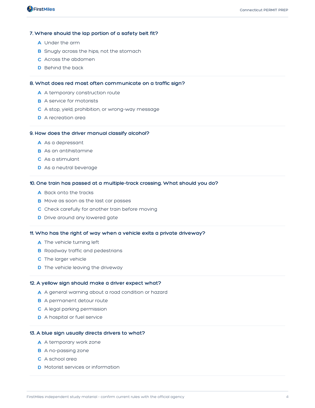 Example page from the FirstMiles Connecticut written practice tests