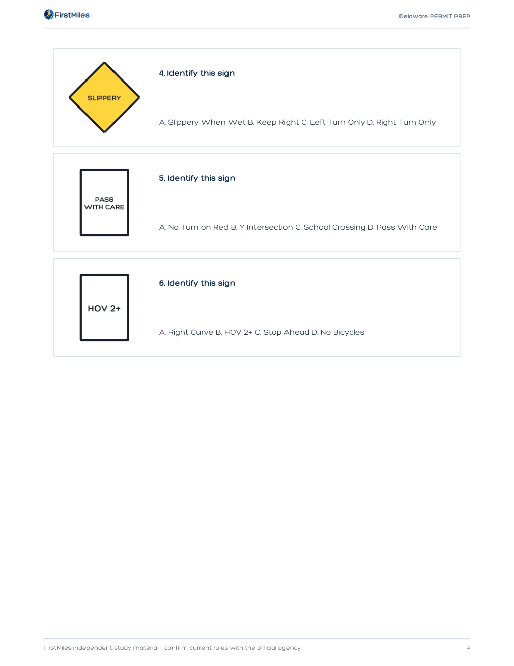 Example page from the FirstMiles Delaware road sign practice tests