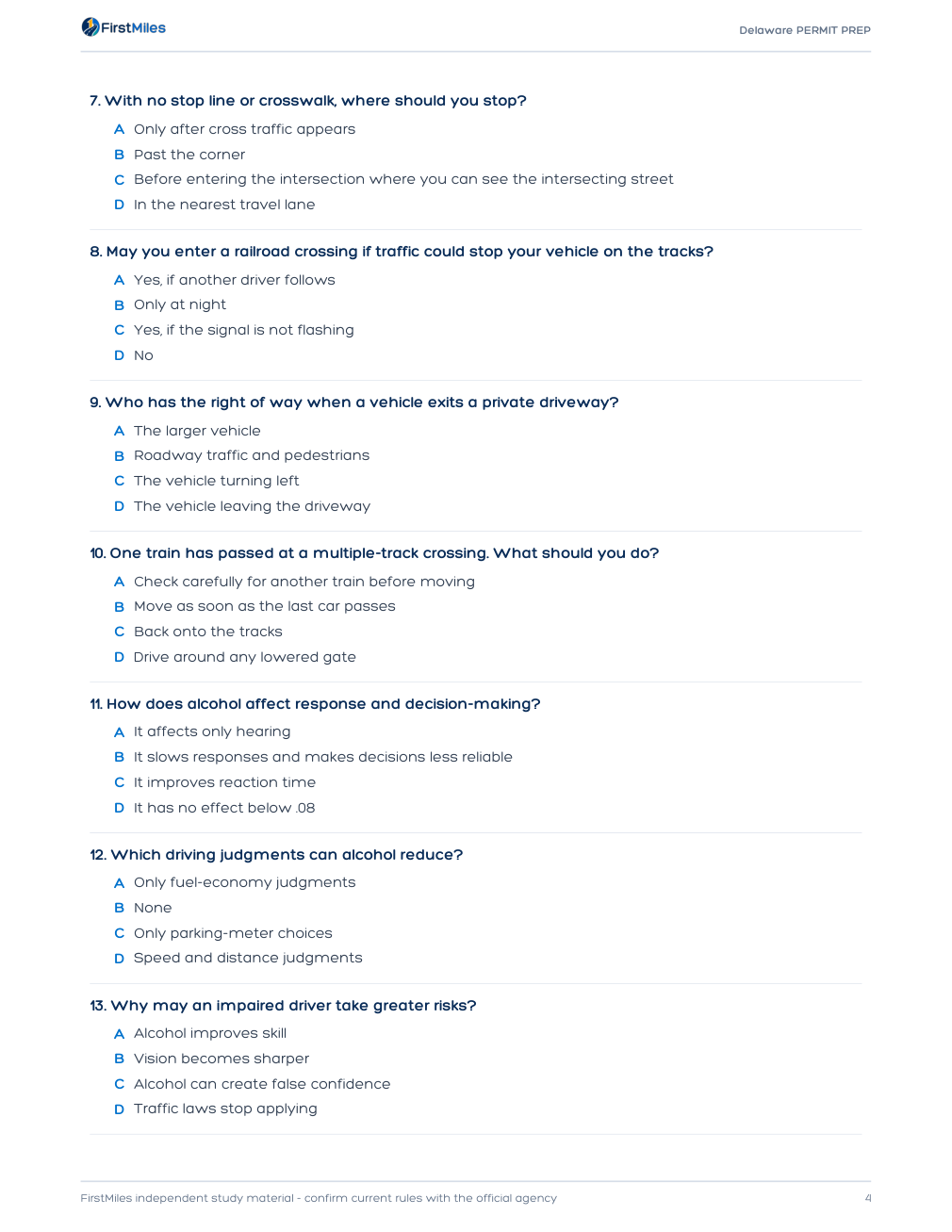 Example page from the FirstMiles Delaware written practice tests