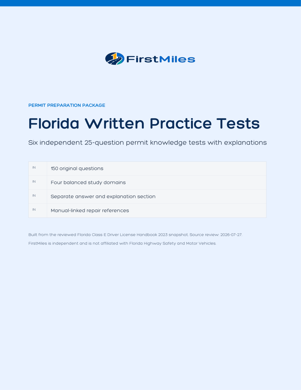 FirstMiles Florida written practice tests cover