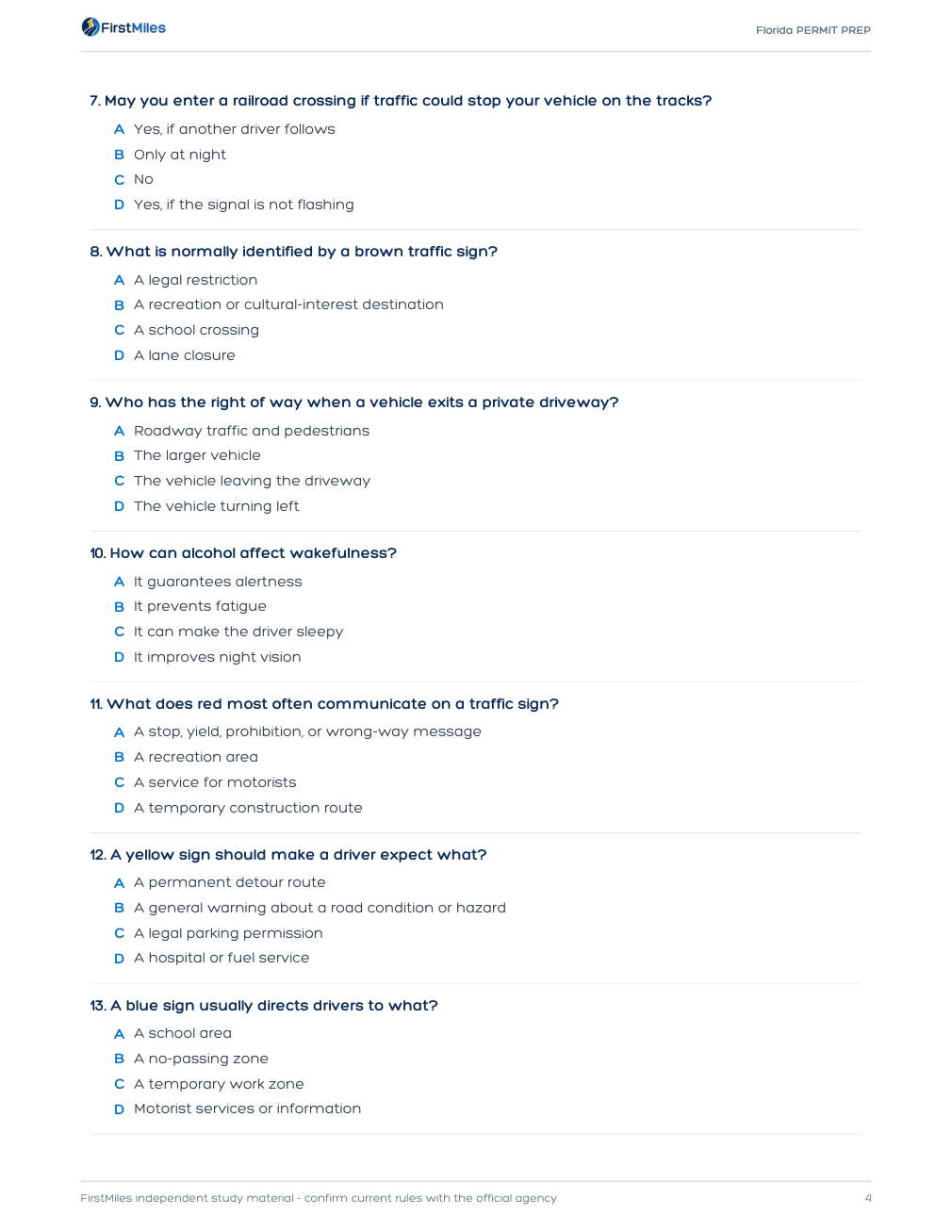 Example page from the FirstMiles Florida written practice tests
