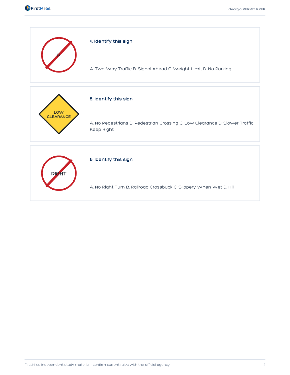 Example page from the FirstMiles Georgia road sign practice tests