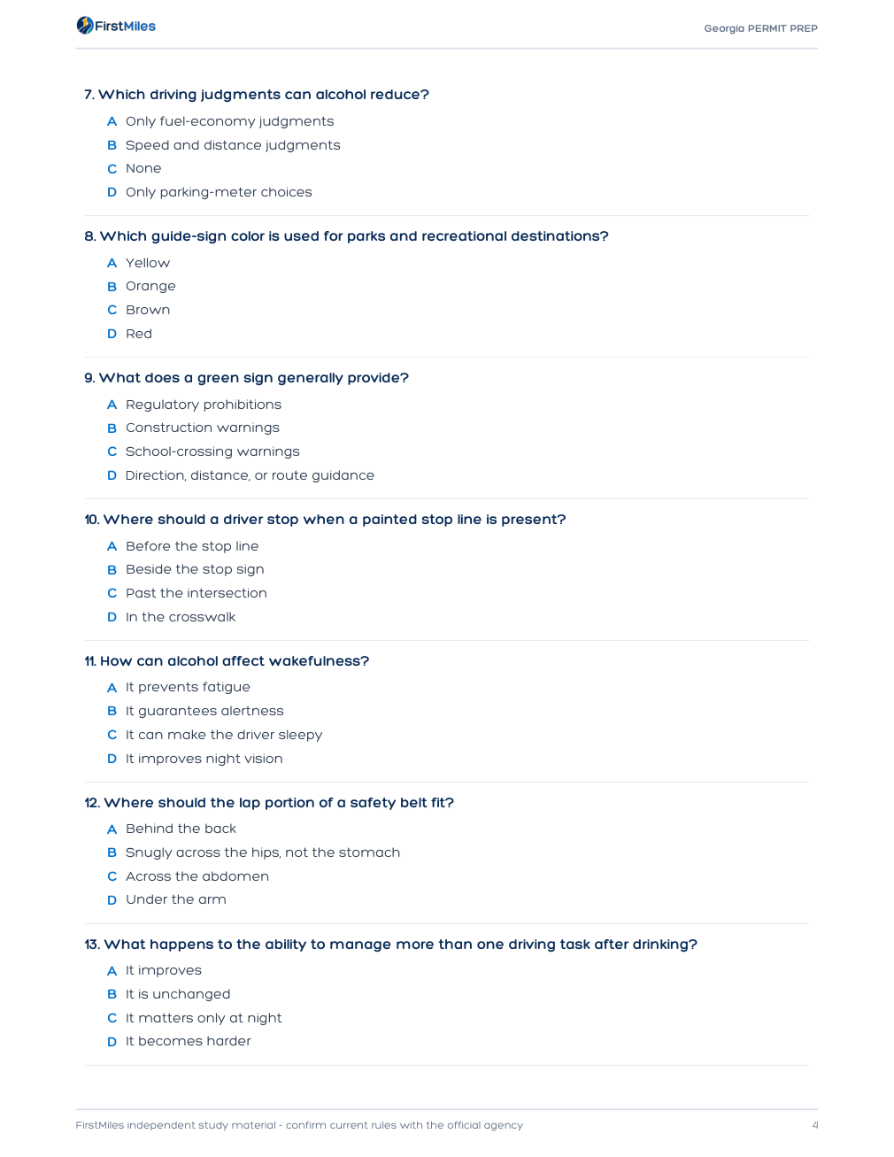 Example page from the FirstMiles Georgia written practice tests