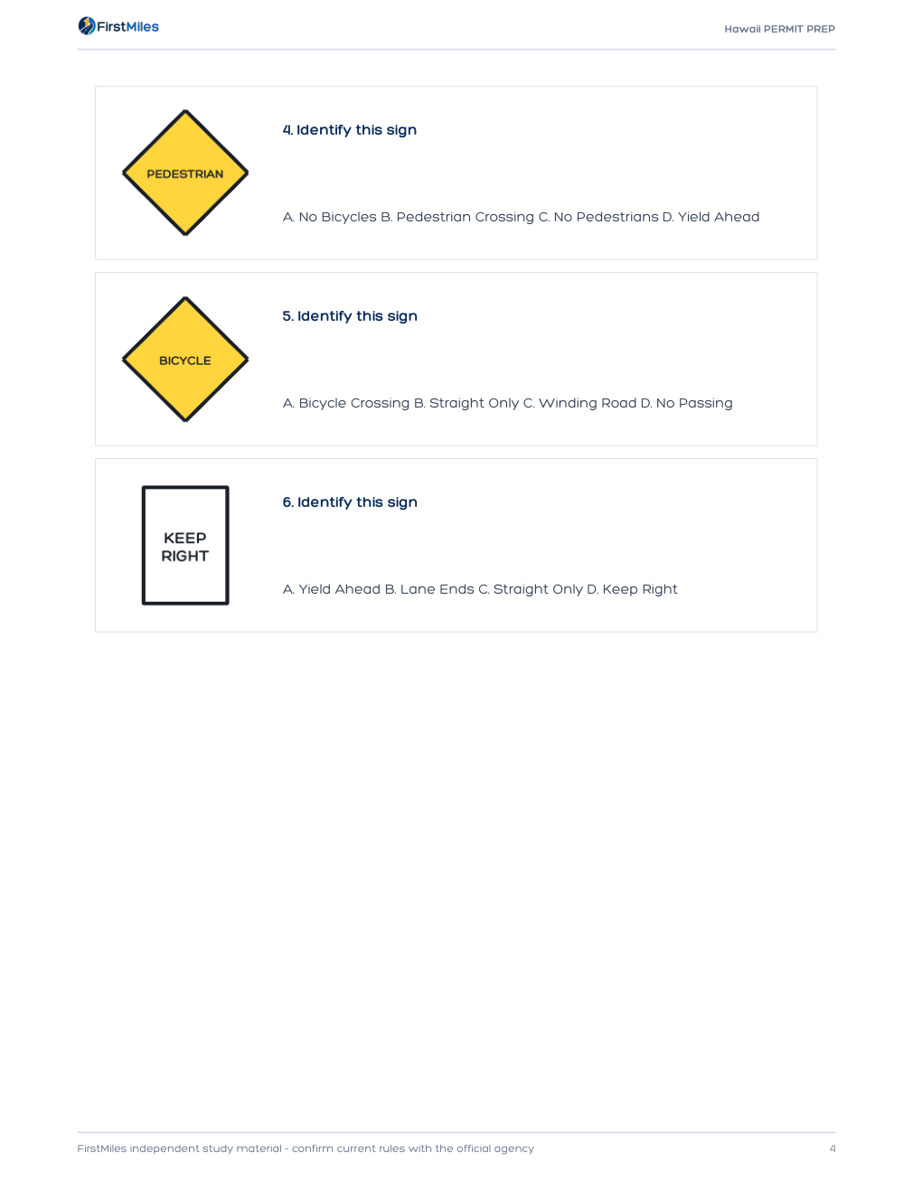 Example page from the FirstMiles Hawaii road sign practice tests