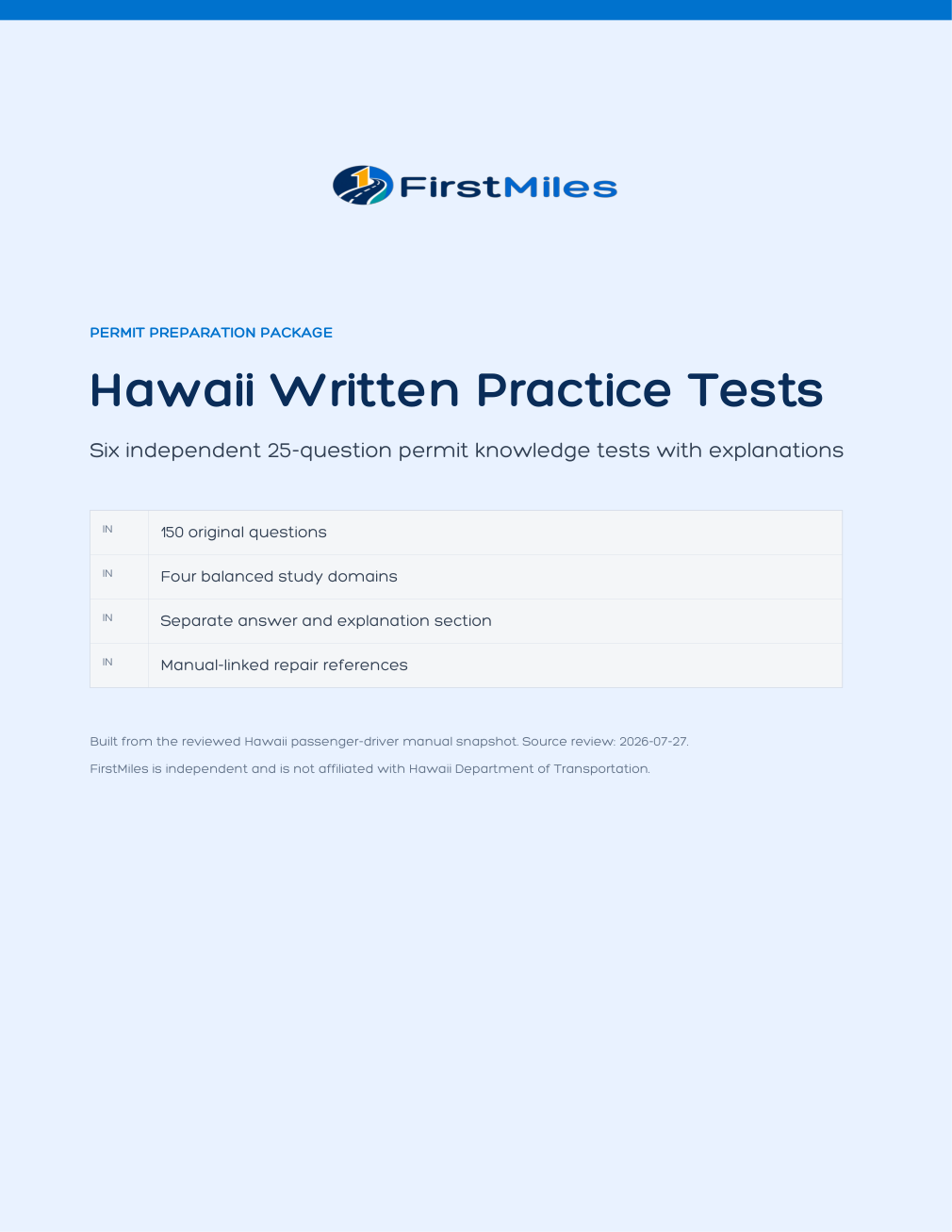 FirstMiles Hawaii written practice tests cover