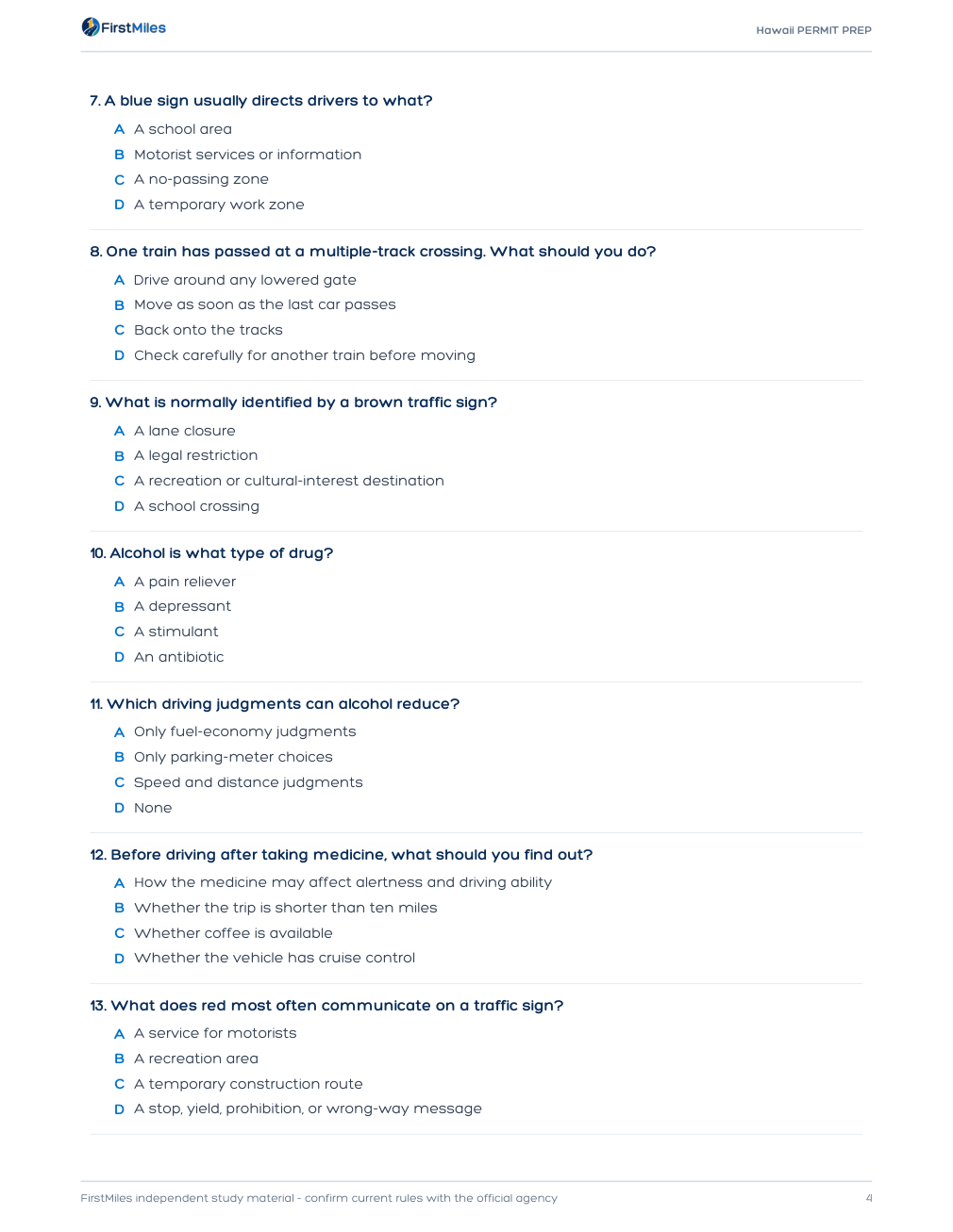 Example page from the FirstMiles Hawaii written practice tests