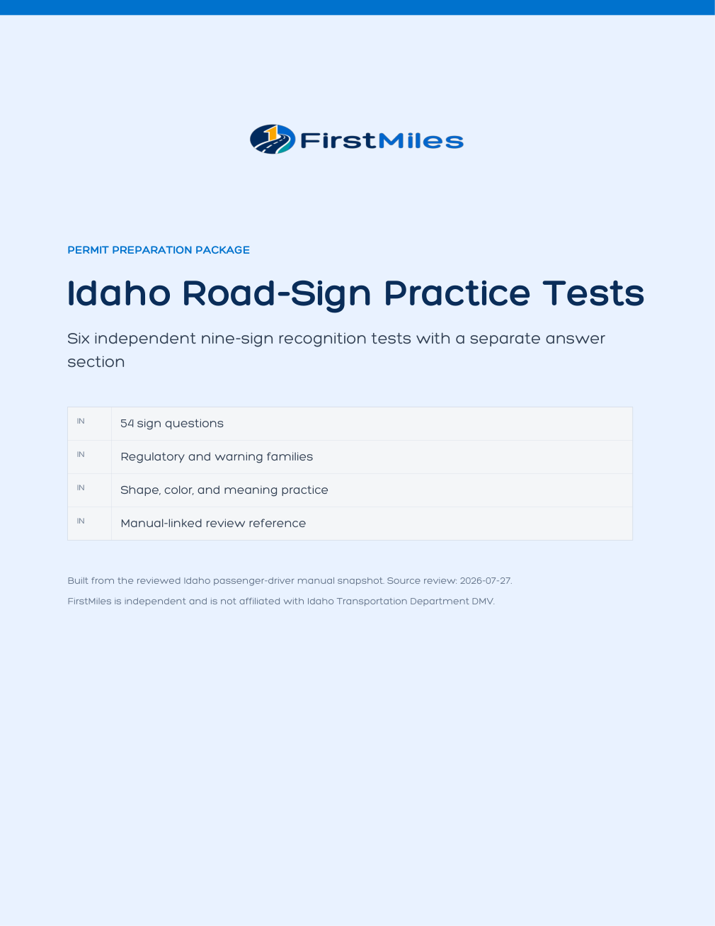FirstMiles Idaho road sign practice tests cover