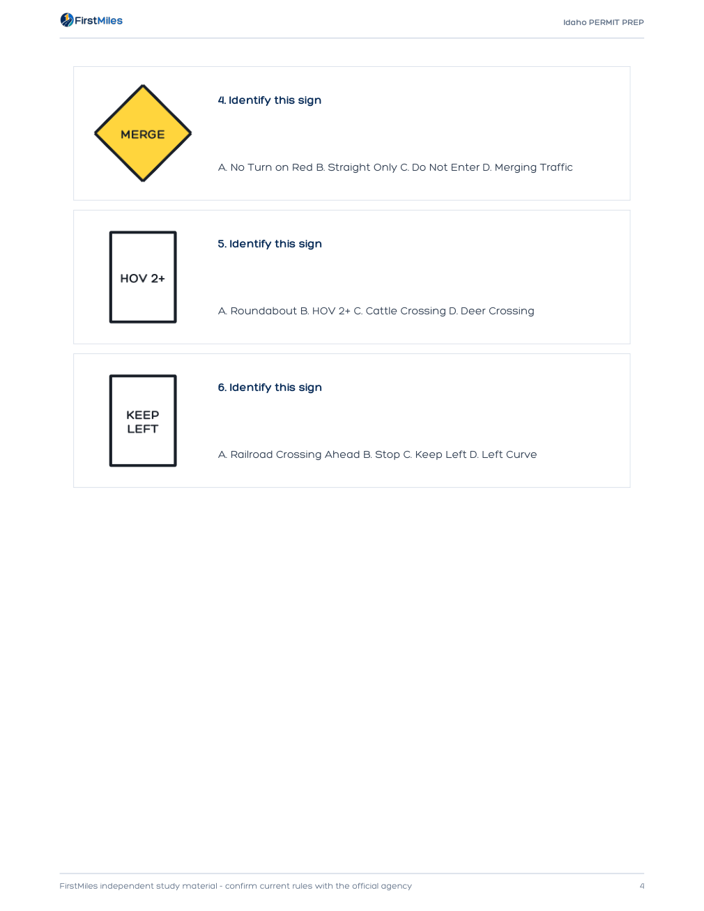 Example page from the FirstMiles Idaho road sign practice tests