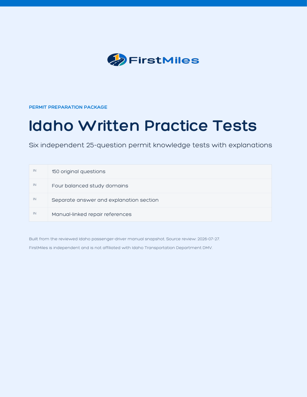 FirstMiles Idaho written practice tests cover