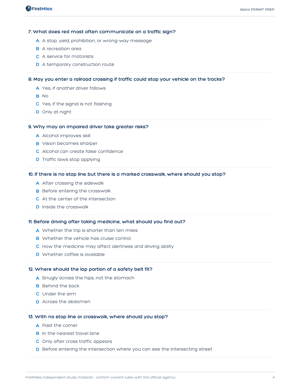 Example page from the FirstMiles Idaho written practice tests