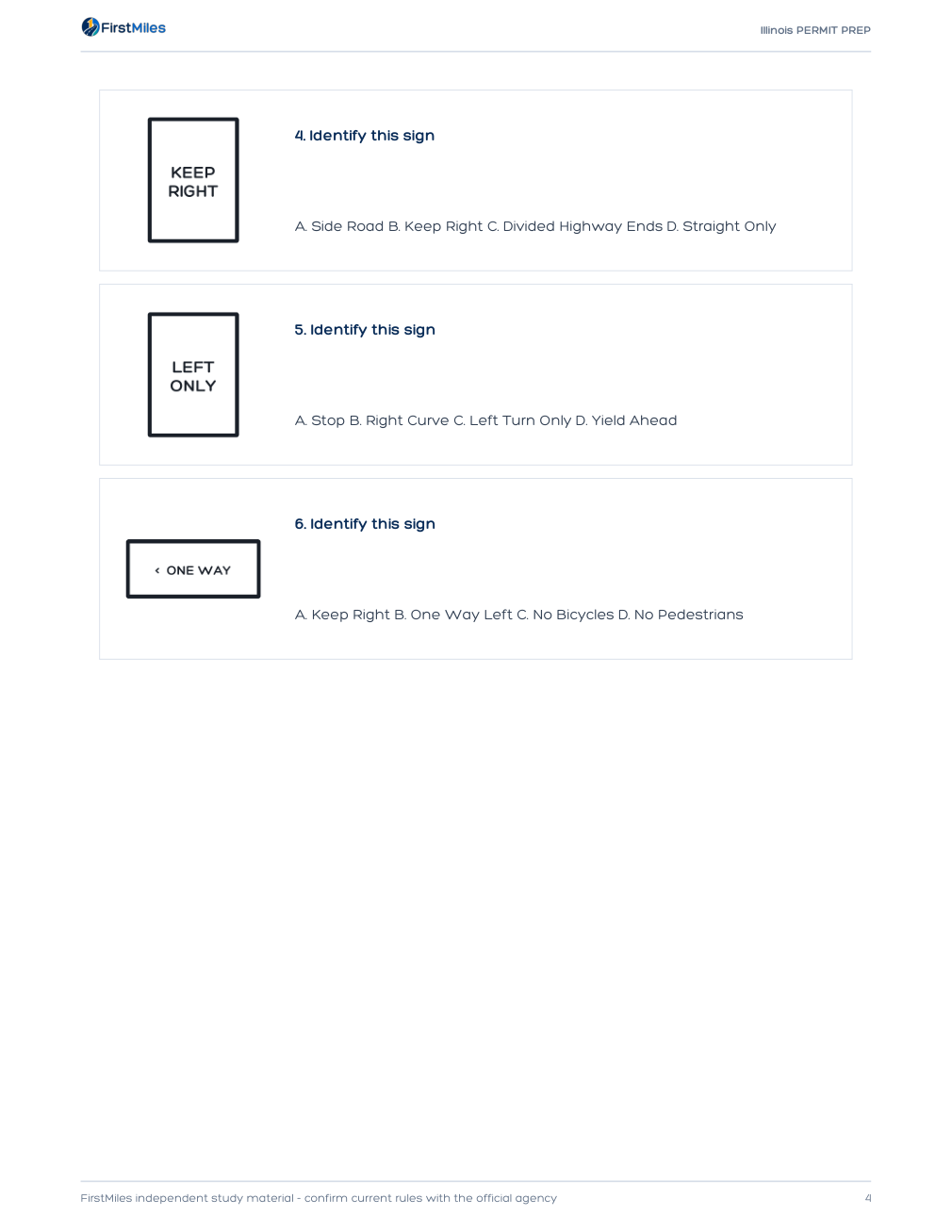 Example page from the FirstMiles Illinois road sign practice tests