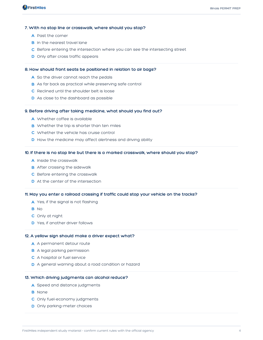 Example page from the FirstMiles Illinois written practice tests