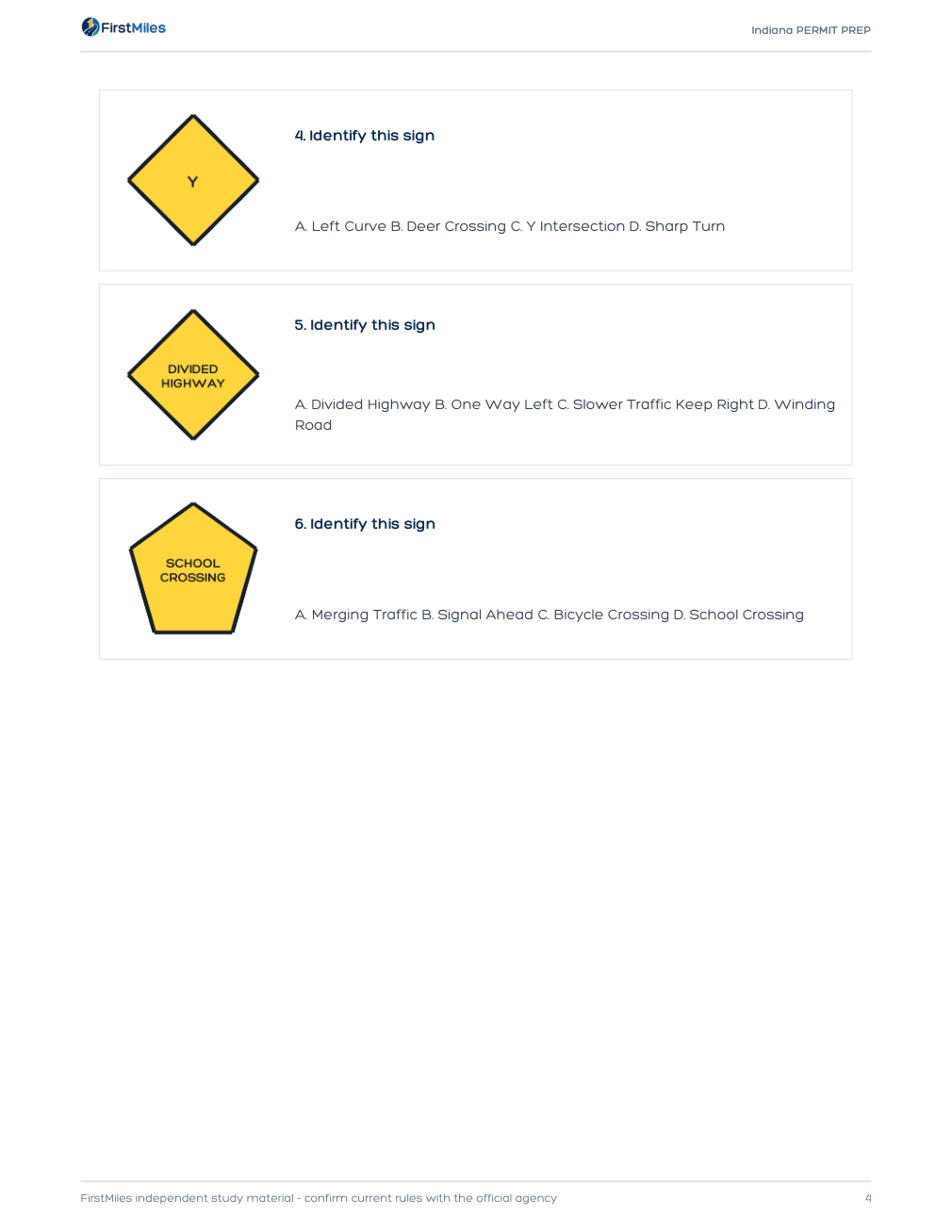 Example page from the FirstMiles Indiana road sign practice tests