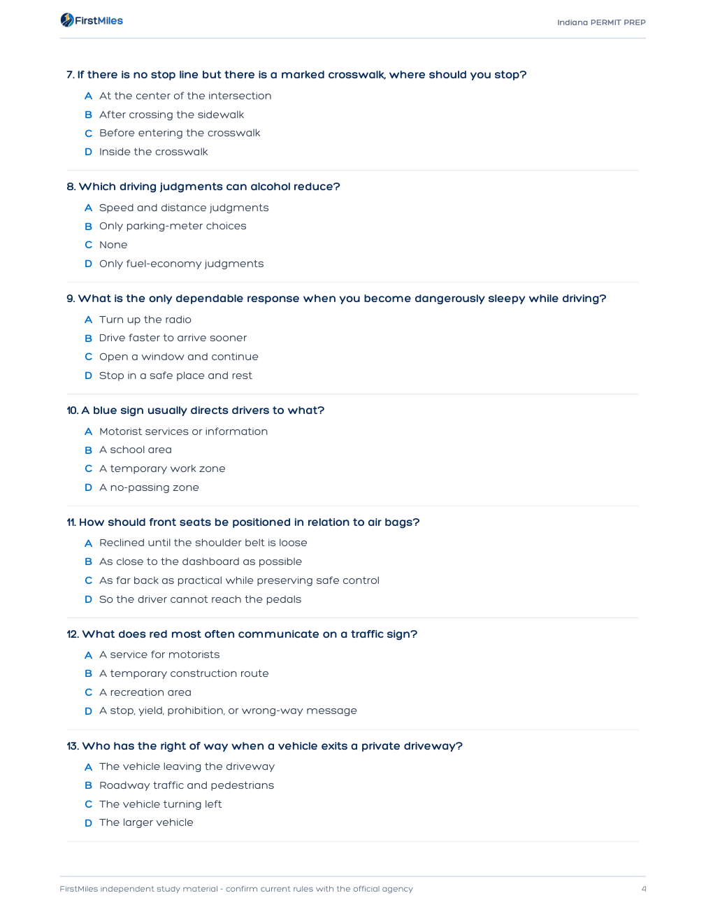 Example page from the FirstMiles Indiana written practice tests