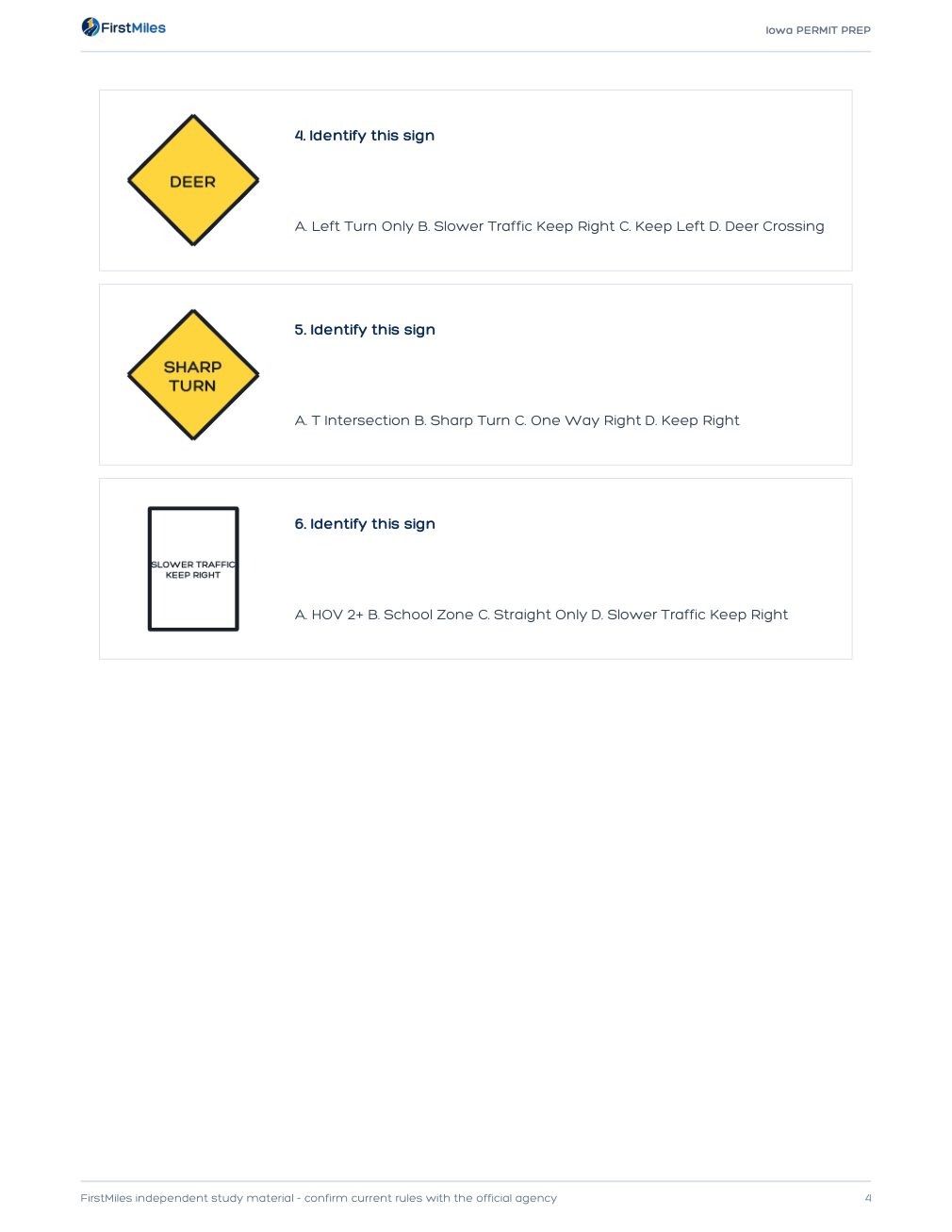 Example page from the FirstMiles Iowa road sign practice tests