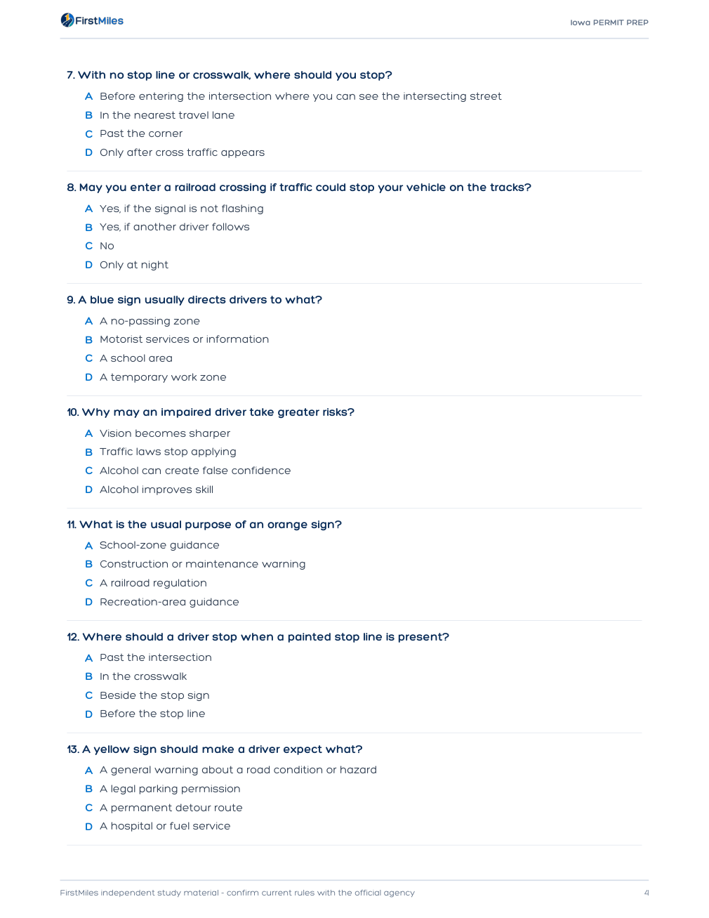 Example page from the FirstMiles Iowa written practice tests
