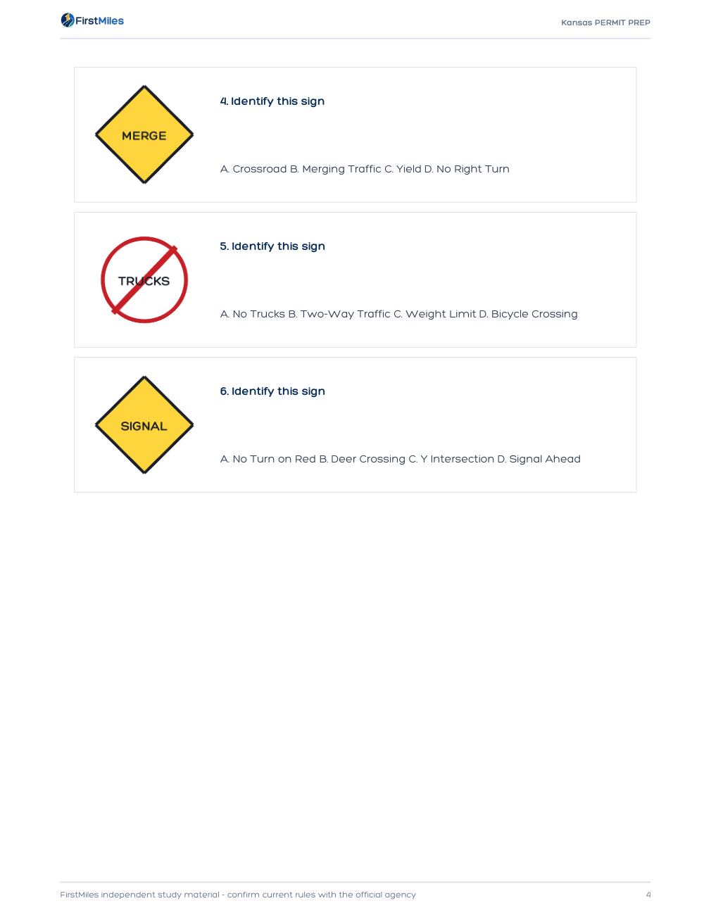 Example page from the FirstMiles Kansas road sign practice tests