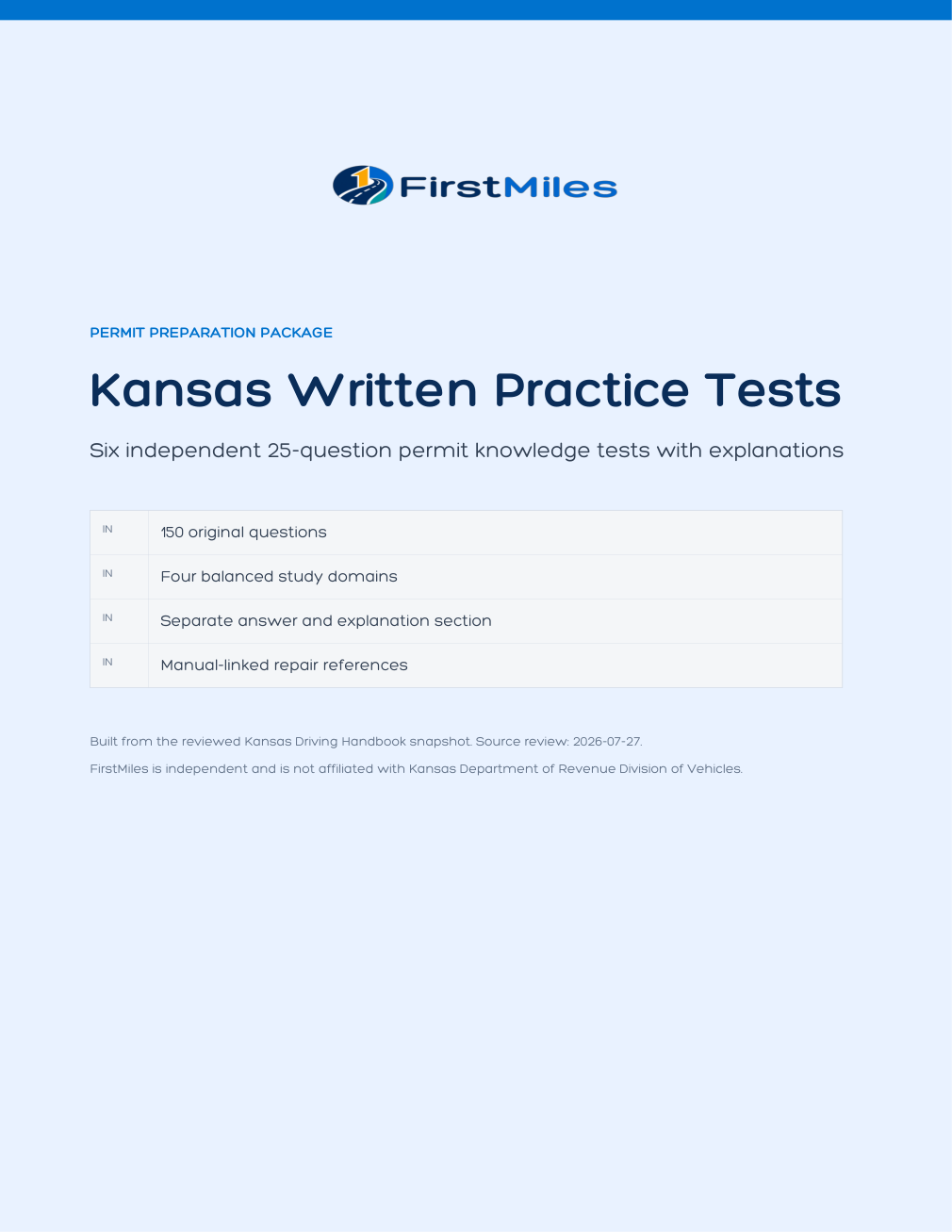 FirstMiles Kansas written practice tests cover