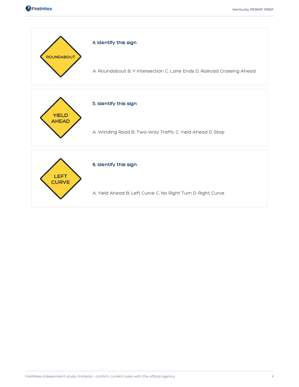 Example page from the FirstMiles Kentucky road sign practice tests