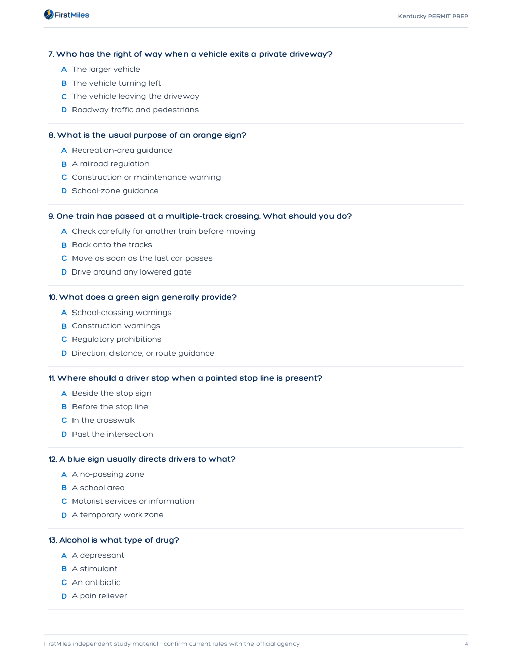 Example page from the FirstMiles Kentucky written practice tests
