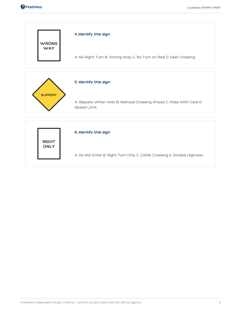 Example page from the FirstMiles Louisiana road sign practice tests