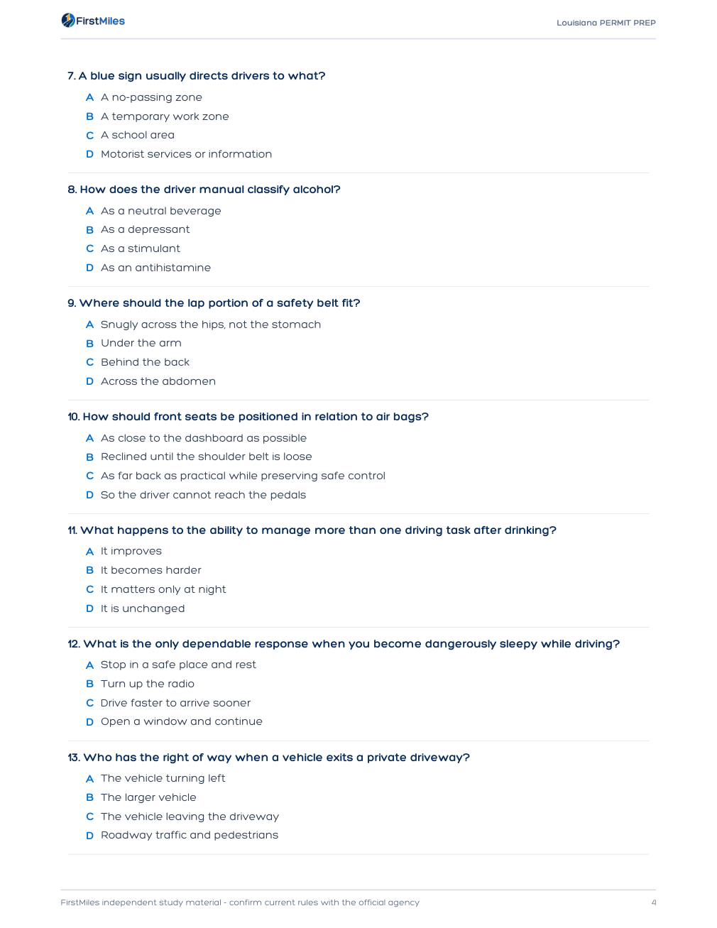 Example page from the FirstMiles Louisiana written practice tests