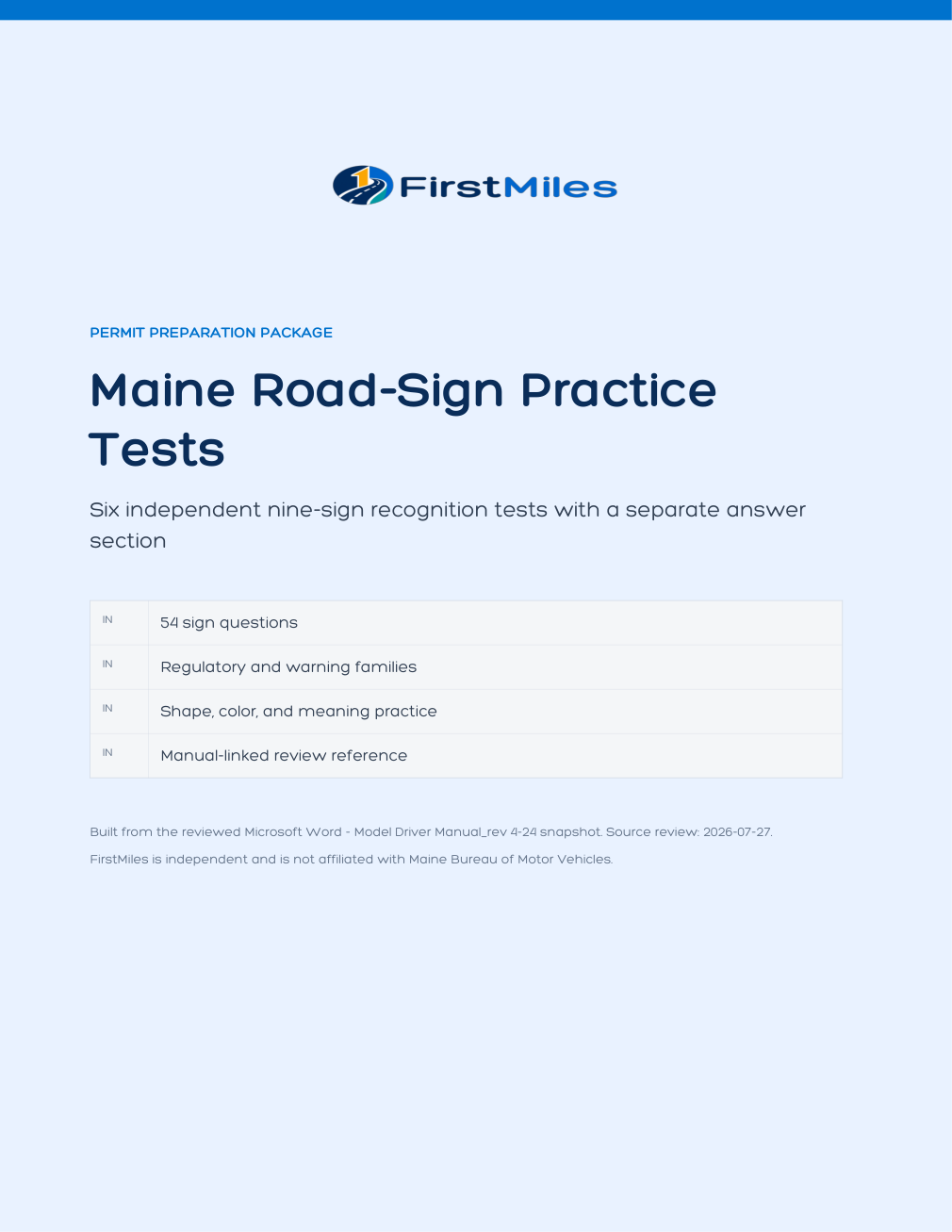 FirstMiles Maine road sign practice tests cover