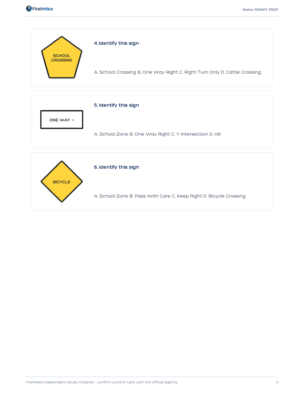 Example page from the FirstMiles Maine road sign practice tests