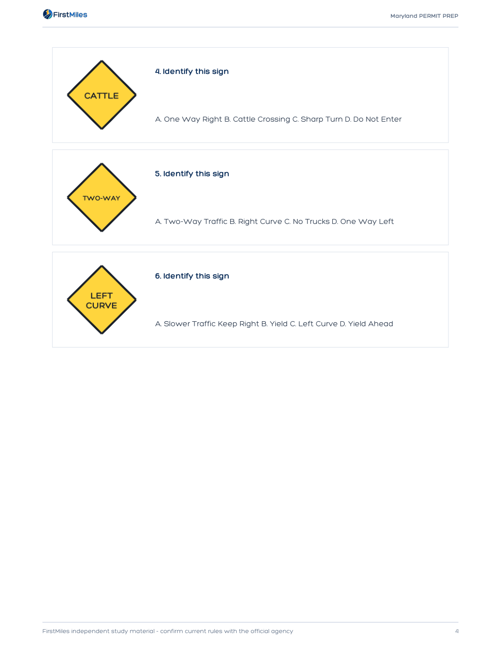 Example page from the FirstMiles Maryland road sign practice tests