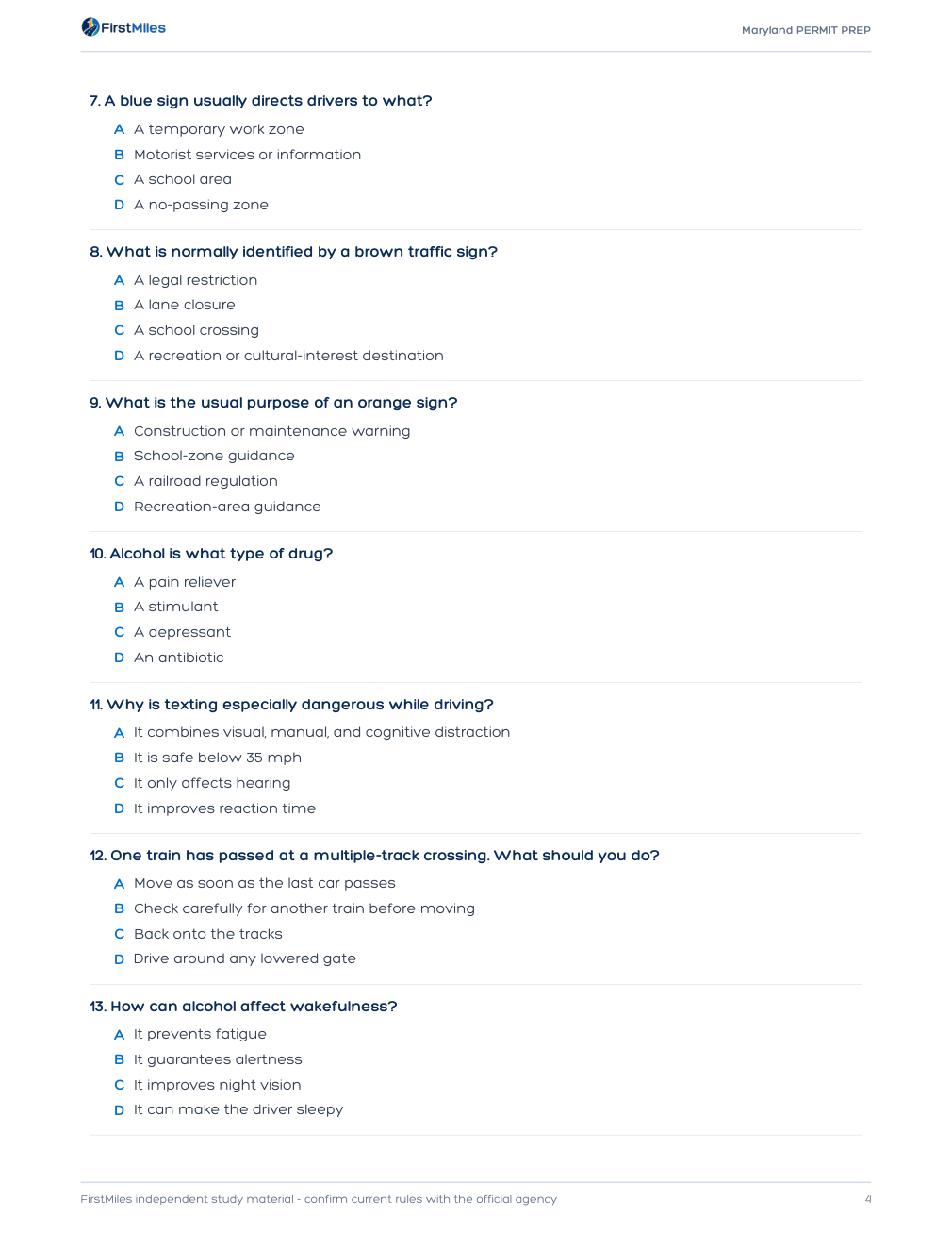 Example page from the FirstMiles Maryland written practice tests