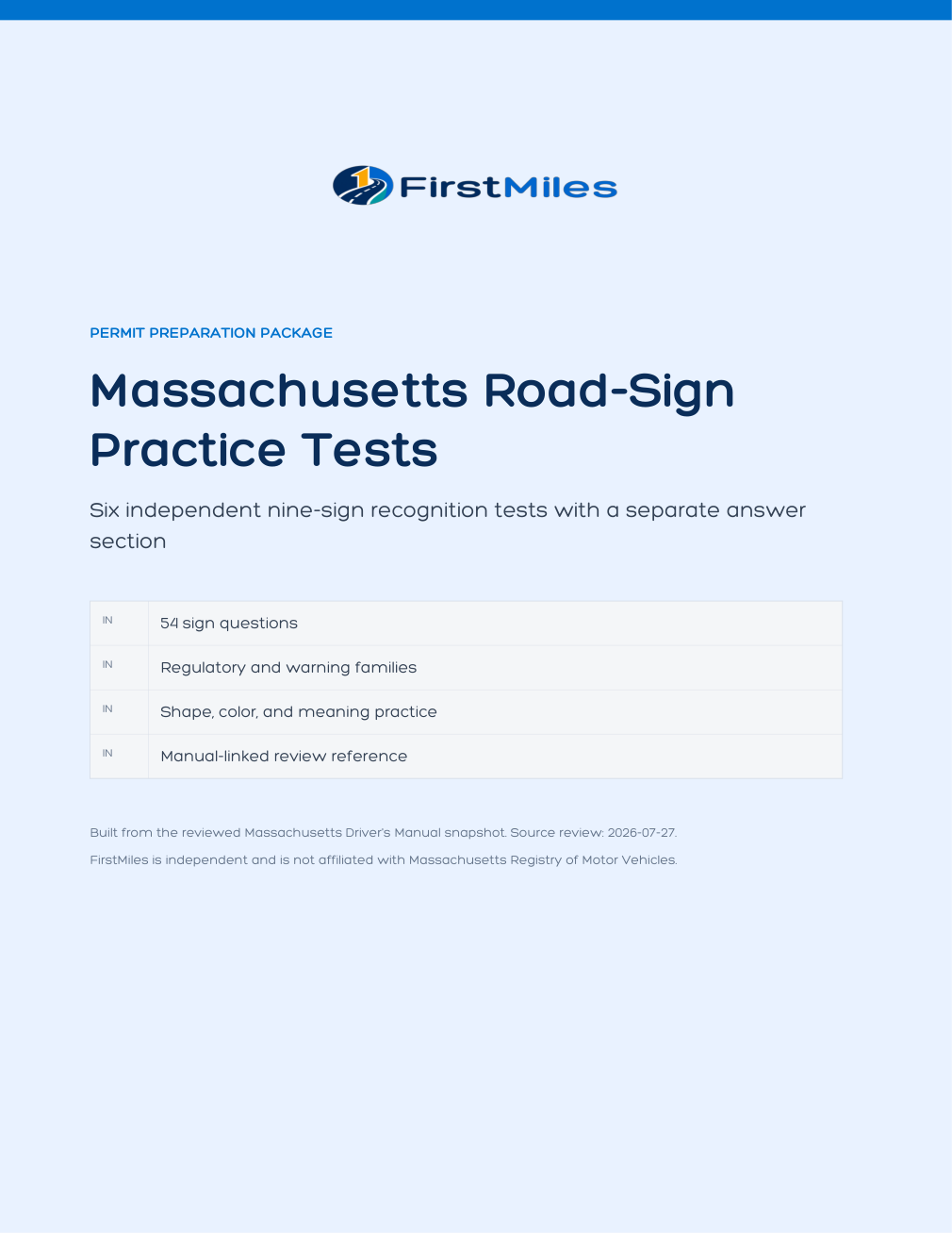 FirstMiles Massachusetts road sign practice tests cover
