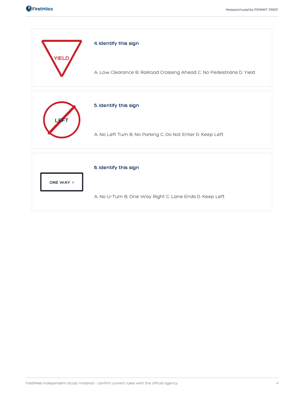 Example page from the FirstMiles Massachusetts road sign practice tests