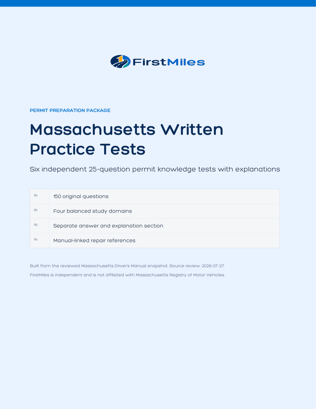 FirstMiles Massachusetts written practice tests cover