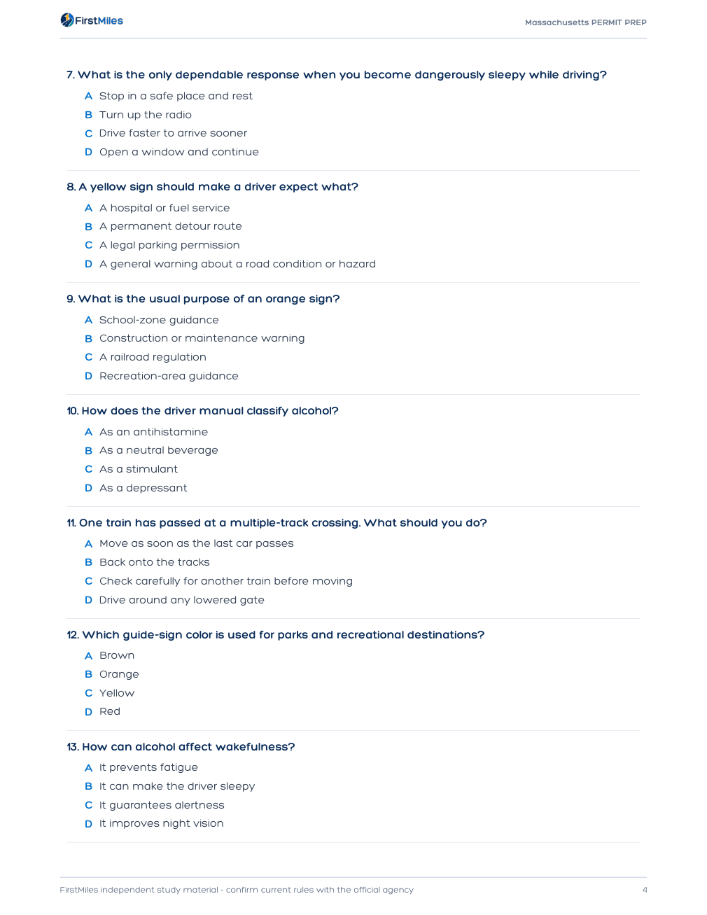 Example page from the FirstMiles Massachusetts written practice tests