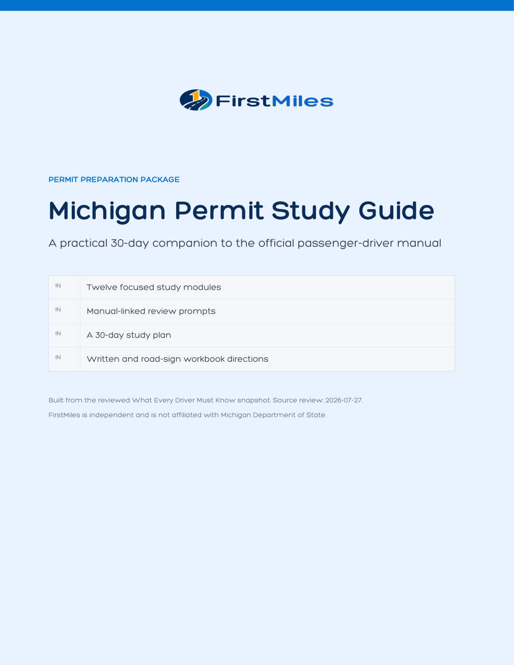FirstMiles Michigan permit study guide cover